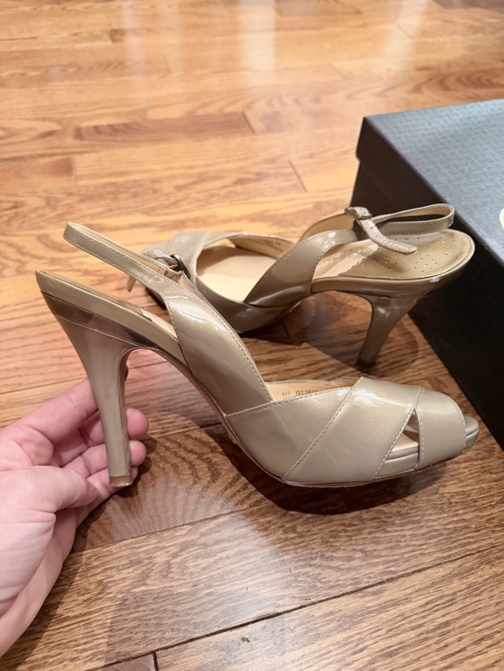Cole Haan Taupe Patent Leather Peep-Toe Slingback Sandals - Picture 3 of 5